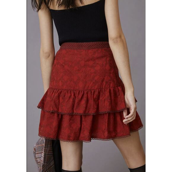 NEW Anthropologie Maeve Embroidered Red Mini Skirt - Size: 2 - Picture 3 of 10